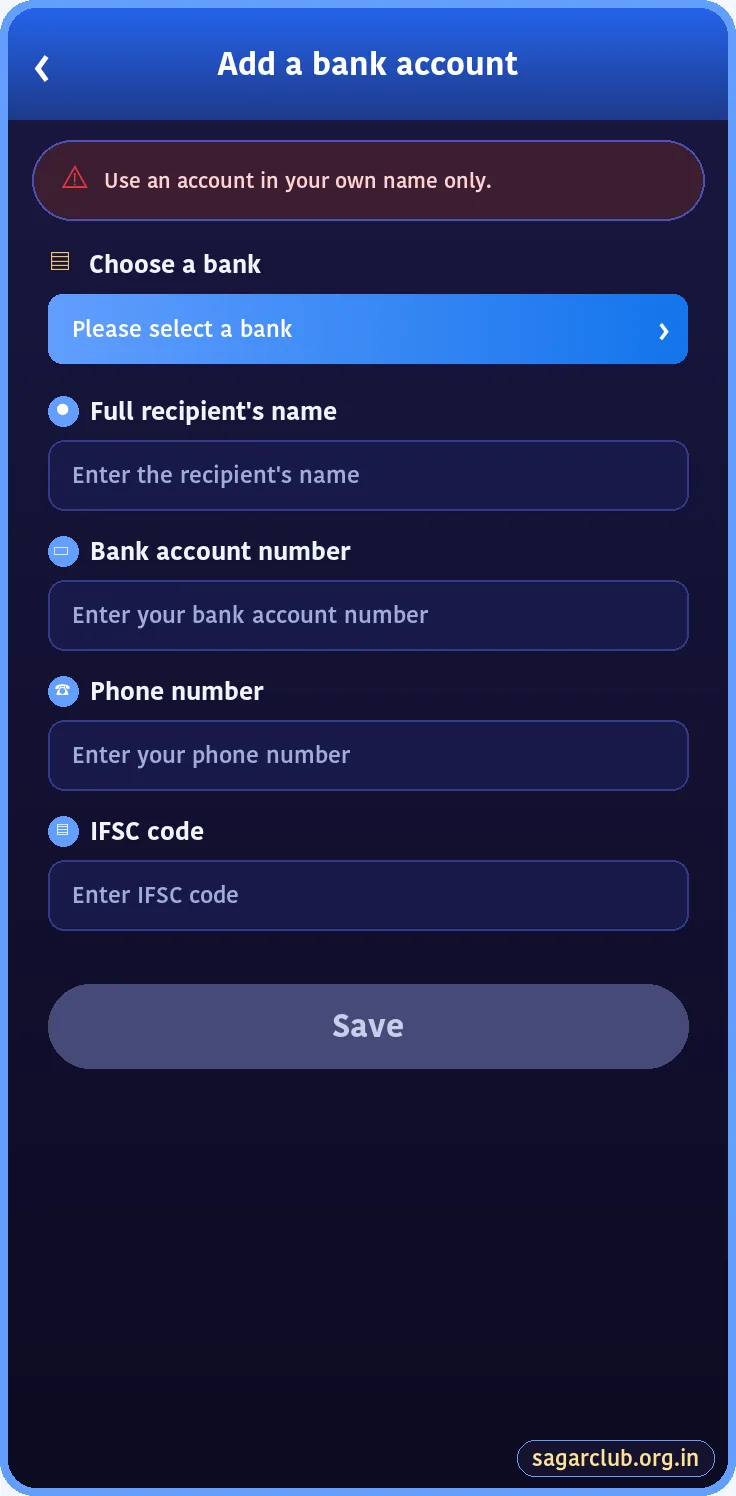 Sagar Club add bank account