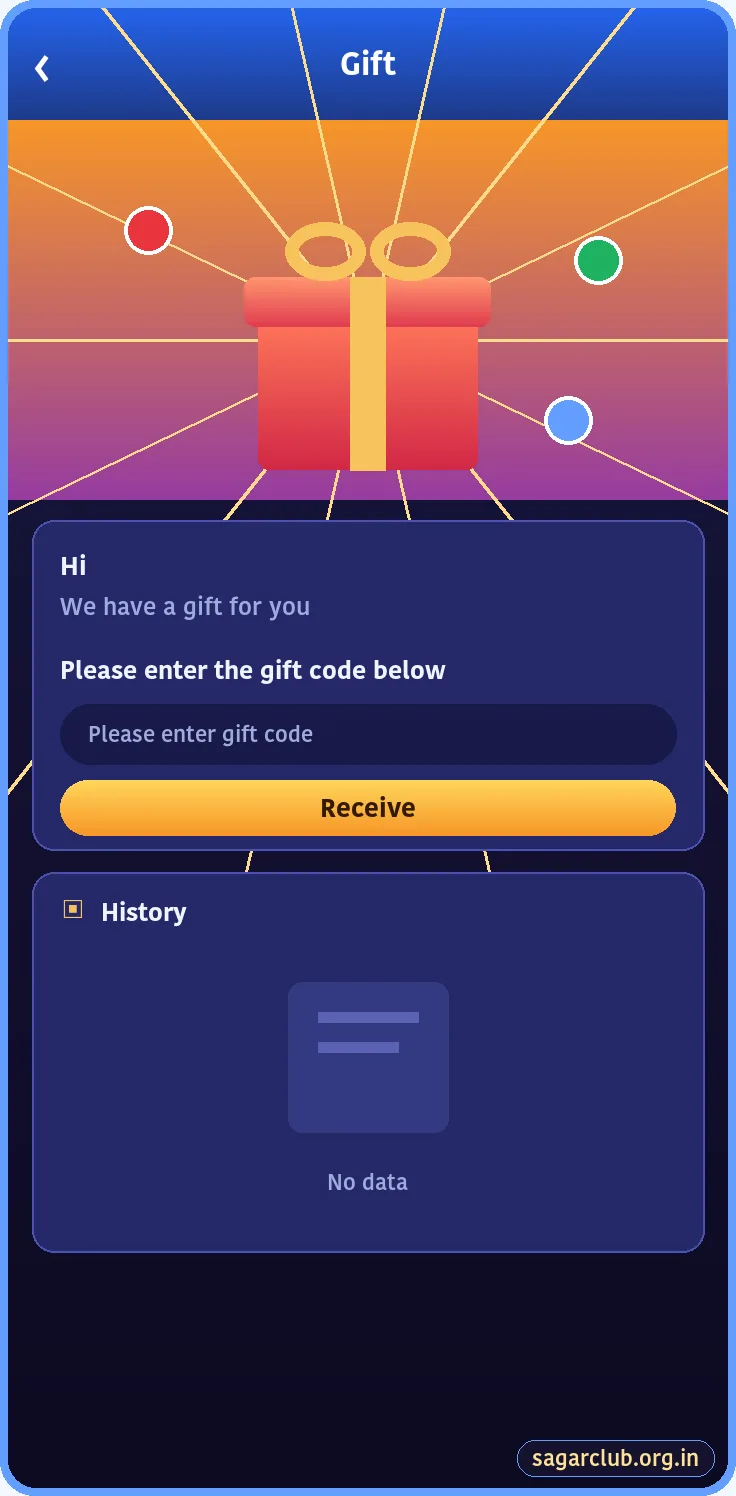 Sagar Club gift code screen
