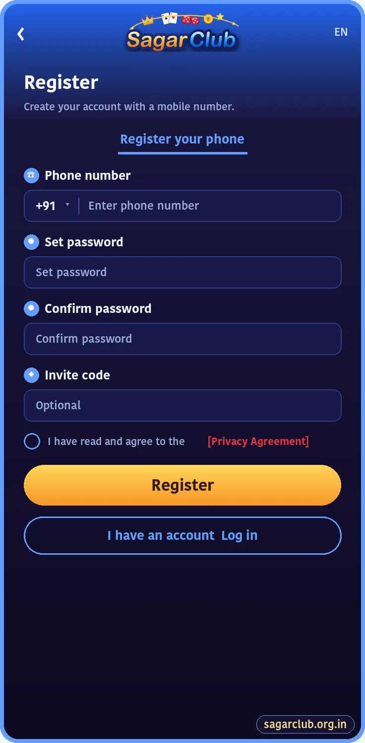 Sagar Club register screen